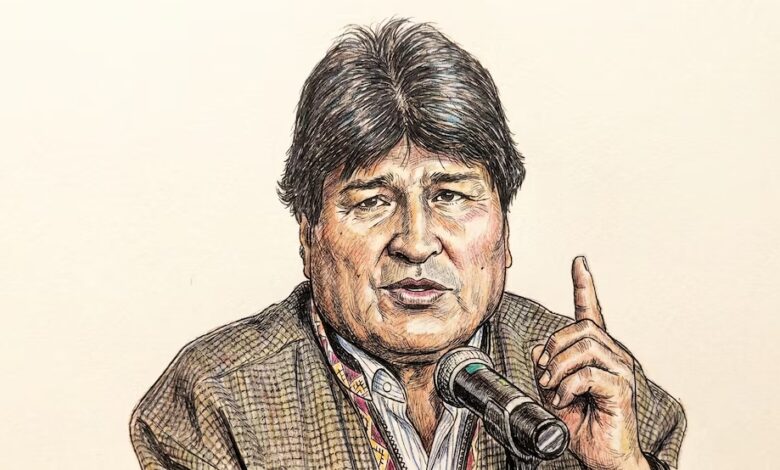 Esta ilustración representa a Evo Morales, expresidente de Bolivia, con un micrófono y su dedo índice levantado, simbolizando su voz en el debate político. (Imagen Ilustrativa Infobae)
